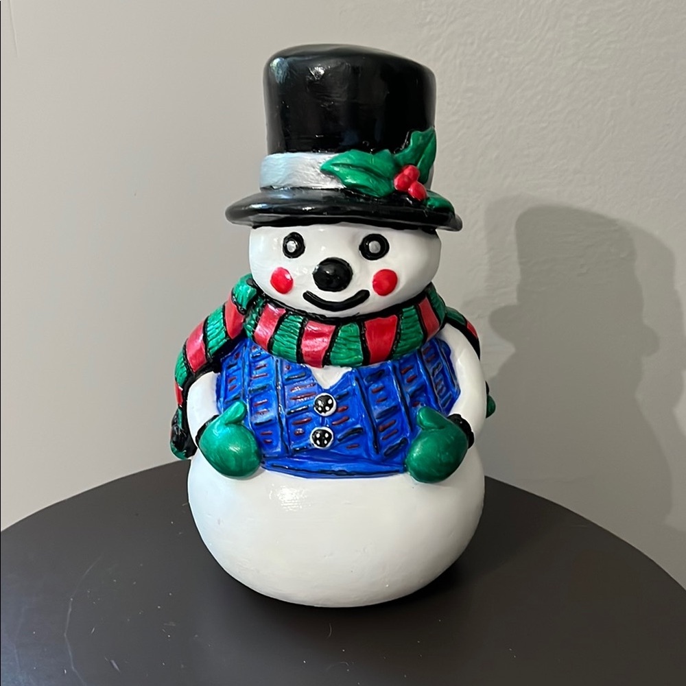 Festive Snowman Figurine with Black Hat and Blue Vest
